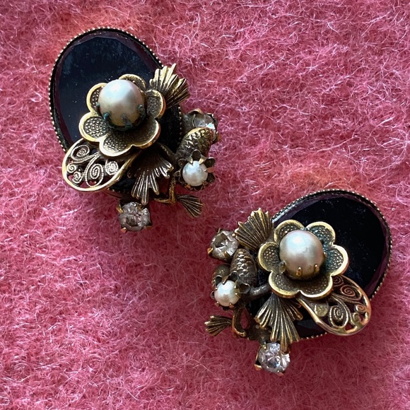 VTG 1940s 1950s Victorian Revival Pearl Necklace Clip On Earrings - Picture 4 of 11